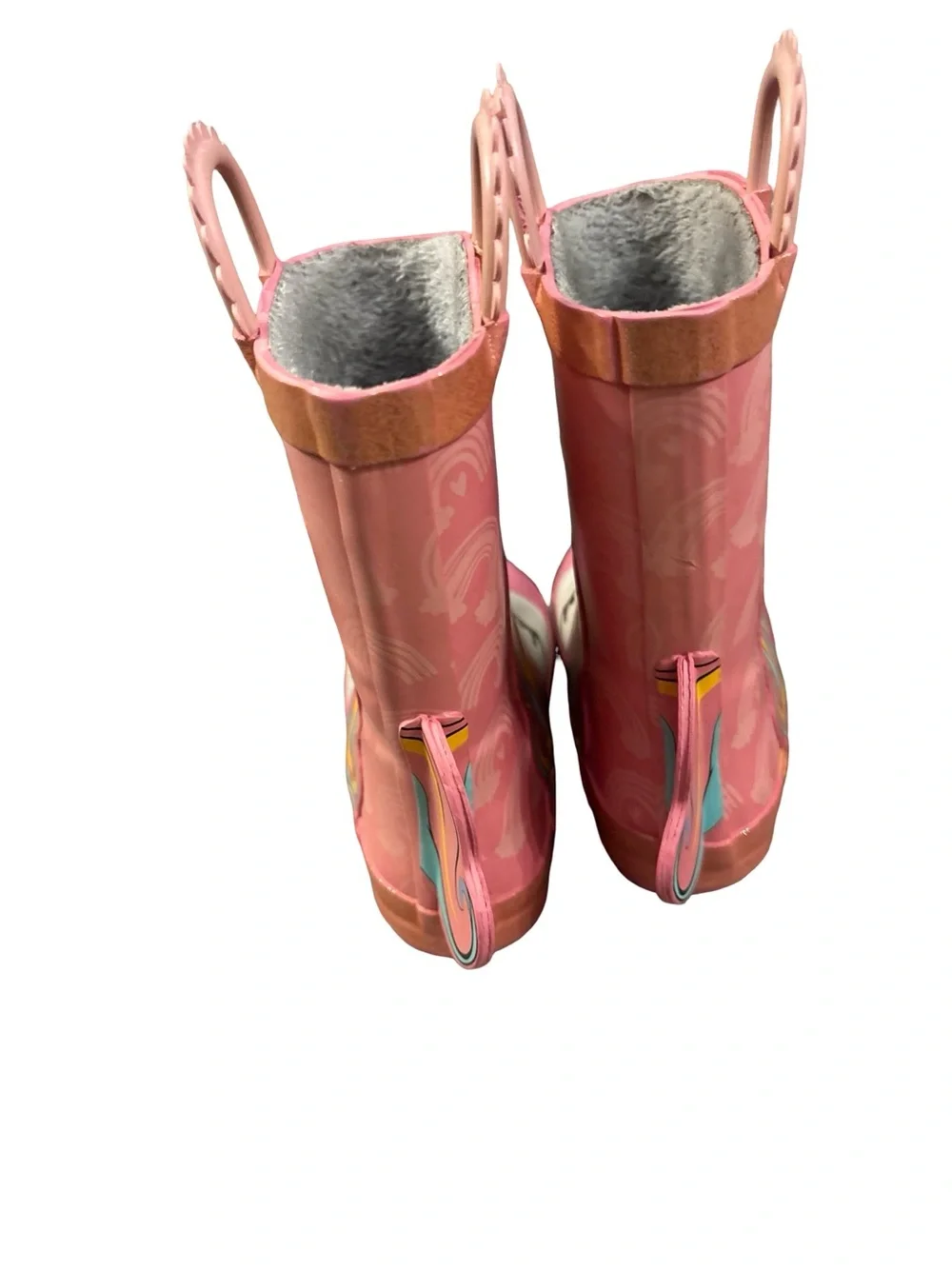 Kids Pink Sherpa Lined Unicorn Rain Boots with Rainbow Details Size 9-10